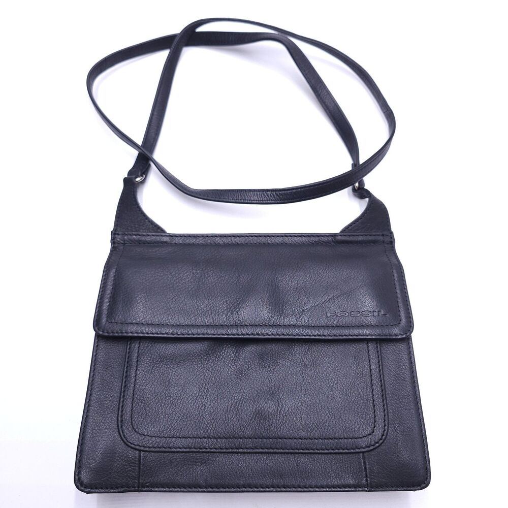 Vintage Fossil Purse Black Leather Crossbody Small 7x8 Basic Black Purse 90s